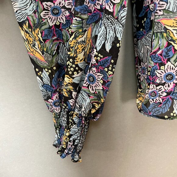 Floral Blouse Sheer Long Sleeve FLAWED Shirred Smocked Ruffles Blue Long Sleeve - Picture 13 of 15